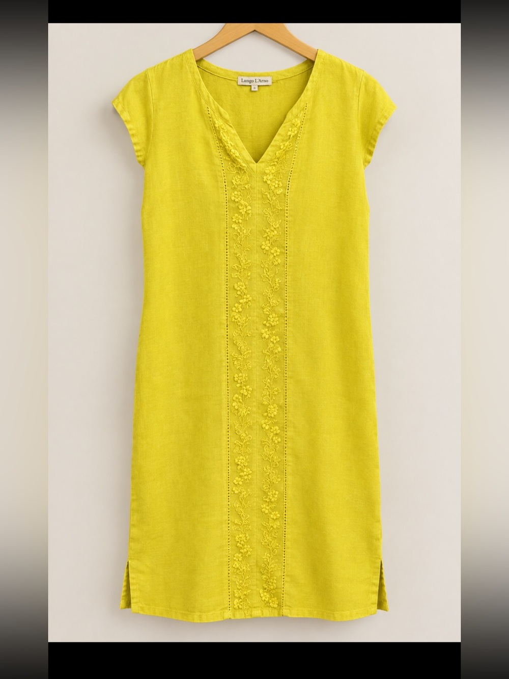 Lungo L'Arno Lemon Yellow Linen Dress detailed embroidery made in Italy SZ 2X